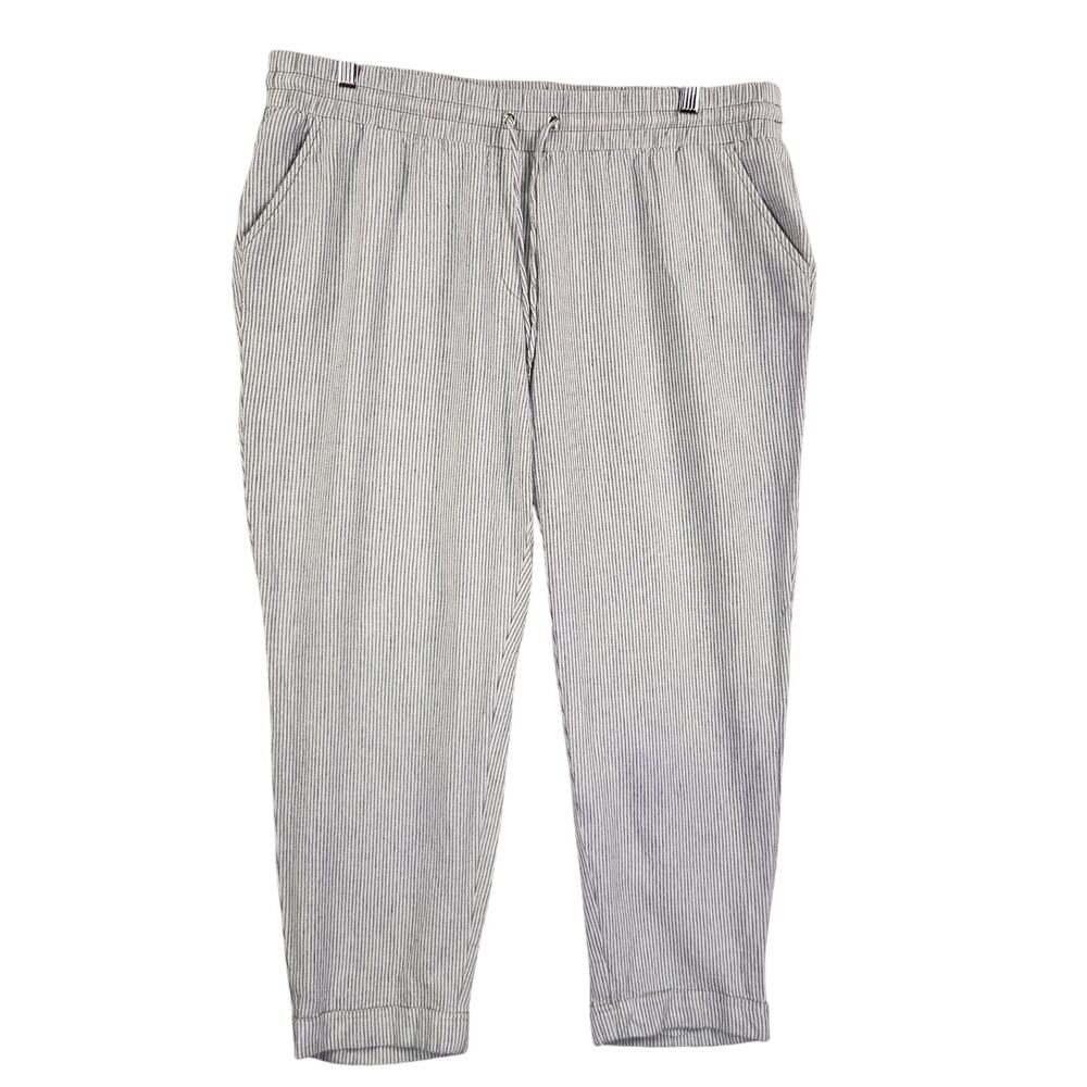 Anne Klein Cropped Linen/Cotton Pants Women L Gray/White Micro Stripe Pockets